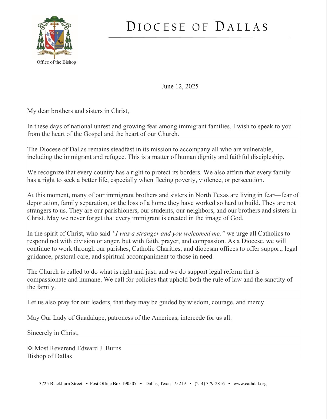 Bishop's Statement regarding immigrants