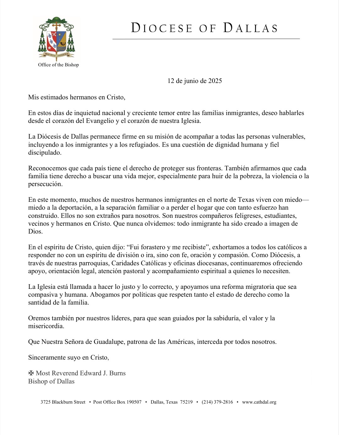 declaracion de el Obispo sobre los imigrantes