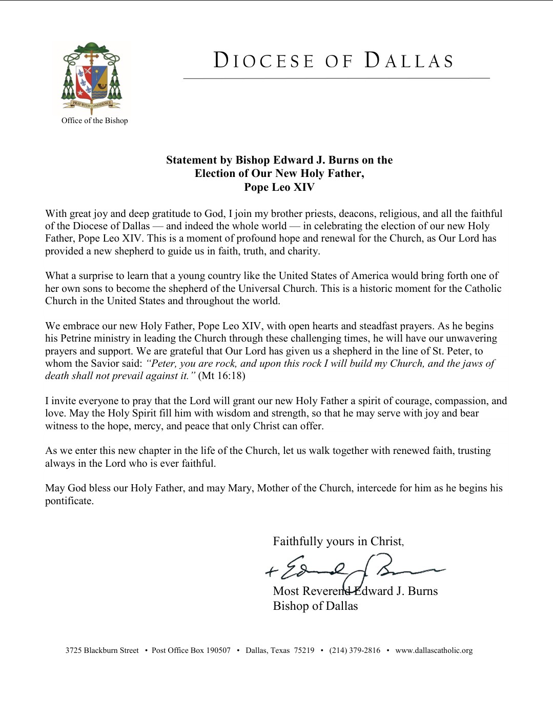 Bishop's Statement regarding election of Pope Leo