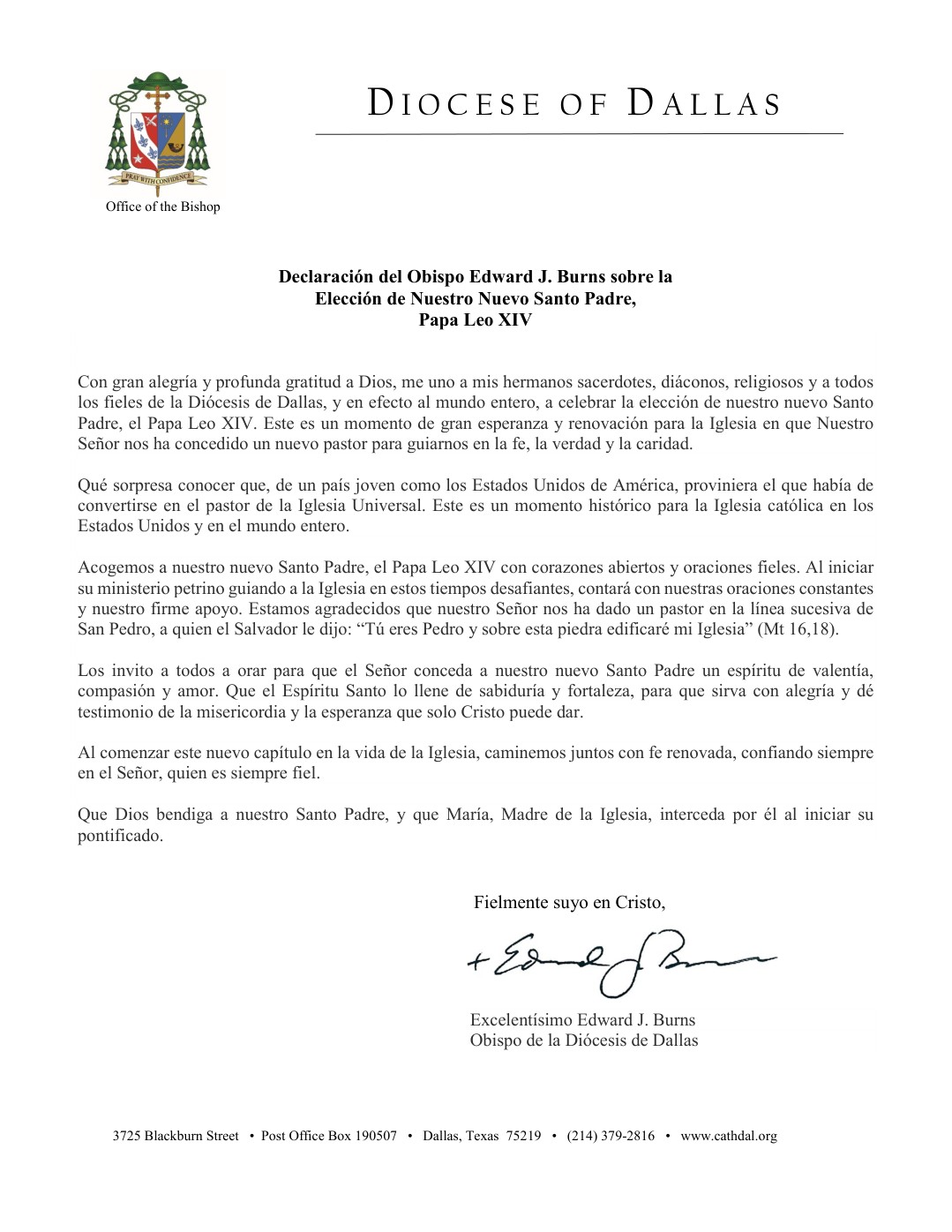 declaracion de el Obispo sobre eleccion de el Papa Leo