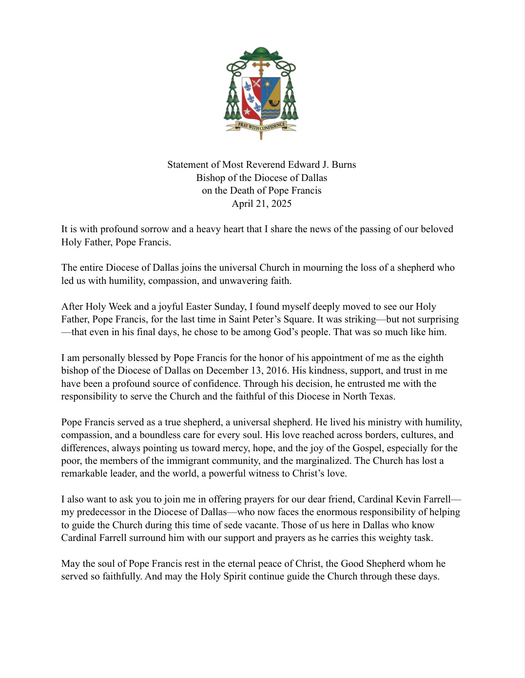 Bishop's Statement regarding the death of Pope Francis