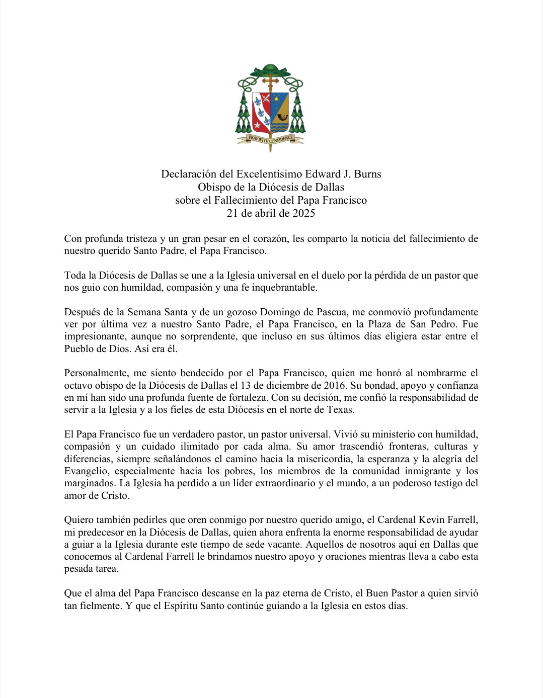 declaracion de el Obispo sobre el fallecimiento de el Papa Francisco